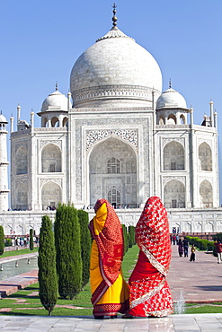 Women in colourful saris at the Taj Mahal, UNESCO World Heritage Site, Agra, Uttar Pradesh state, India, Asia