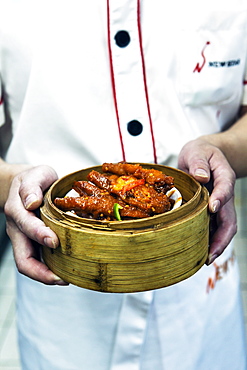 Dim sum preparation in a restaurant kitchen in Hong Kong, China, Asia