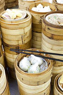 Dim sum preparation in a restaurant kitchen in Hong Kong, China, Asia