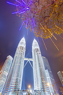 Low angle view of the Petronas Twin Towers, Kuala Lumpur, Malaysia, Southeast Asia, Asia