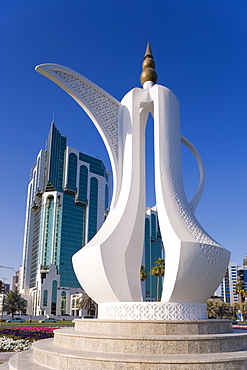 Twin Towers and teapot sculpture at eastern end of the Corniche, Ad Dawhah, Doha, Qatar, Middle East