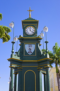 Clock Tower in the centre of capital, Piccadilly Circus, Basseterre, St. Kitts, Leeward Islands, West Indies, Caribbean, Central America