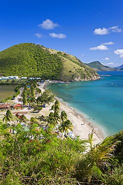 Elevated view over Frigate Bay Beach on the calm Caribbean-side of the isthmus, Frigate Bay, southeast of Basseterre, St. Kitts, Leeward Islands, West Indies, Caribbean, Central America