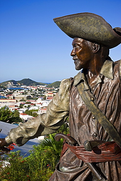 Sculpture in Blackbeard's Castle, one of four National Historic sites in the US Virgin Islands, with Charlotte Amalie in the background, St. Thomas, U.S. Virgin Islands, West Indies, Caribbean, Central America