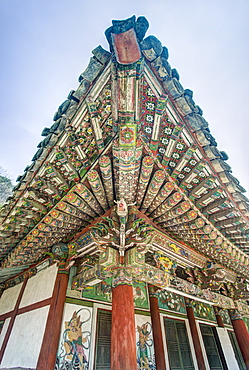 Pavilion detail, Pohyon Buddhist Temple (Pohyon-sa), Myohyangsan, Democratic People's Republic of Korea (DPRK), North Korea, Asia