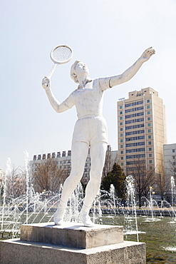 Fountains in front of the Pyongyang Indoor Sports Stadium, Pyongyang, Democratic People's Republic of Korea (DPRK), North Korea, Asia