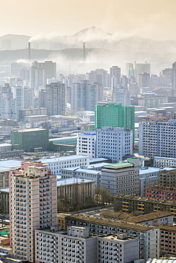 City skyline and pollution from coal fired power plants, Pyongyang, Democratic People's Republic of Korea (DPRK), North Korea, Asia