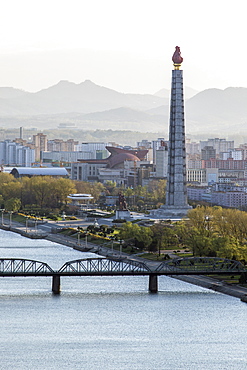 City skyline and the Juche Tower, Pyongyang, Democratic People's Republic of Korea (DPRK), North Korea, Asia