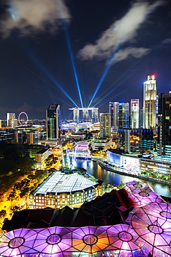 Elevated view over the Entertainment district of Clarke Quay, the Singapore River and city skyline, Singapore, Southeast Asia, Asia 