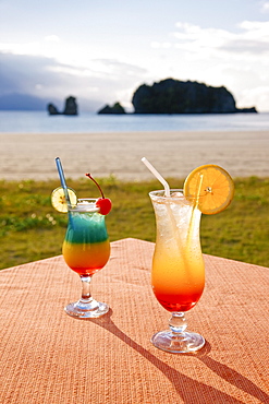 Beachfront cocktails at Pantai Tanjung Rhu, Pulau Langkawi, Langkawi Island, Malaysia, Southeast Asia, Asia 