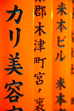 Detail of script written on the Torii gates, Fushimi Inari Taisha Shrine, Kyoto, Kansai Region, Honshu, Japan, Asia