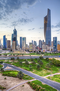 Elevated view of the modern city skyline and central business district, Kuwait City, Kuwait, Middle East