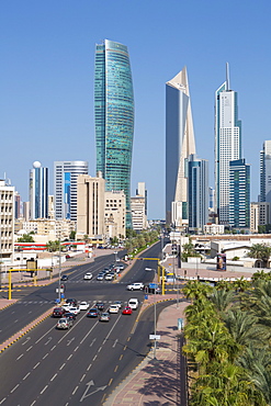 Elevated view of the modern city skyline and central business district, Kuwait City, Kuwait, Middle East