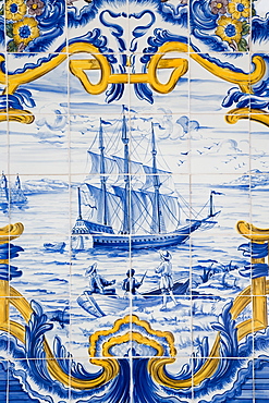 Detail of Portugese tile work around a fountain in central Macau, Macau, China, Asia