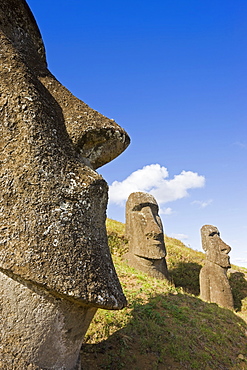 Giant monolithic stone Moai statues at Rano Raraku, Rapa Nui (Easter Island), UNESCO World Heritage Site, Chile, South America