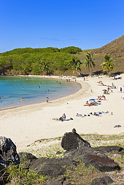 Anakena beach, the Island's white sand beach fringed by palm trees, Rapa Nui (Easter Island), Chile, South America