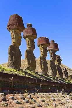 Anakena beach, monolithic giant stone Moai statues of Ahu Nau Nau, four of which have topknots, Rapa Nui (Easter Island), UNESCO World Heritage Site, Chile, South America