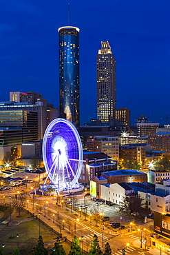 City skyline, elevated view over Downtown and the Centennial Olympic Park in Atlanta, Georgia, United States of America, North America