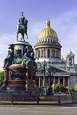 Golden dome of St. Isaac's Cathedral built in 1818 and the equestrian statue of Tsar Nicholas dated 1859, St. Petersburg, Russia, Europe