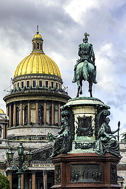 Golden dome of St. Isaac's Cathedral built in 1818 and the equestrian statue of Tsar Nicholas dated 1859, St. Petersburg, Russia, Europe