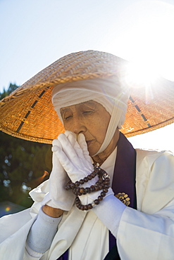 Japanese female Buddhist monk collecting alms at the Kiyomizudera Temple in Kyoto, Japan, Asia