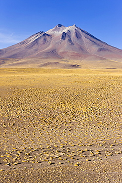 The altiplano at an altitude of over 4000m and the peak of Cerro Miniques at 5910m, Los Flamencos National Reserve, Atacama Desert, Antofagasta Region, Norte Grande, Chile, South America