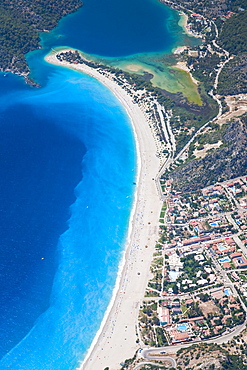 Aerial view of Blue Lagoon and Belcekiz Beach, Oludeniz, near Fethiye, Mediterranean Coast (Turquoise Coast), Anatolia, Turkey, Asia Minor, Eurasia