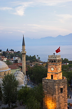 Clocktower (Saat Kulesi) and Tekeli Memet Pasa Mosque in the historic district of Kaleici, Antalya, Anatolia, Turkey, Asia Minor, Eurasia