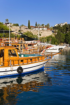 Boats moored in the Marina and Roman Harbour in Kaleici, Old Town, Antalya, Anatolia, Turkey, Asia Minor, Eurasia