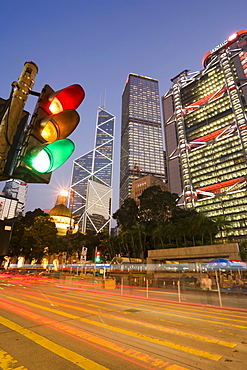 Bank of China and Hong Kong and Shanghai Bank illuminated at dusk, Statue Square in the financial district of Central, Hong Kong Island, Hong Kong, China, Asia