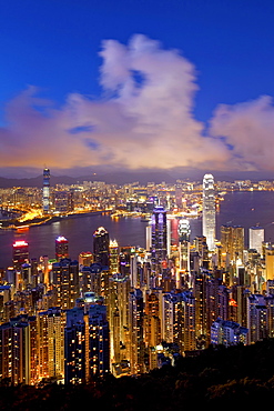 View over Hong Kong from Victoria Peak, the illuminated skyline of Central sits below The Peak, Victoria Peak, Hong Kong, China, Asia