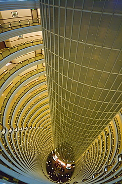 View taken from the 85th floor of the Jin Mao Building looks down to the 55th floor, Atrium of the Grand Hyatt Hotel, Pudong, Shanghai, China, Asia