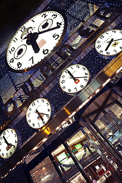 Clocks showing various world city times outside the Tourneau Store, Manhattan, New York City, New York, United States of America, North America