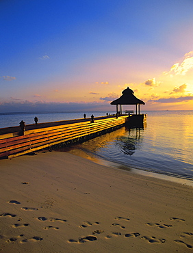 Jetty on the beach at sunset, Maldives, Indian Ocean, Asia