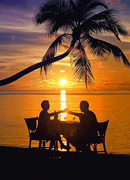 Couple having dinner at the beach, toasting glasses, Maldives, Indian Ocean, Asia