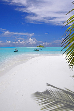 Small fishing boats (dhoni) in clear water and remote island in background, North Male Atoll, The Maldives, Indian Ocean, Asia