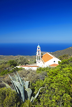 Church overlooking the Aegean Sea, Chania, Crete, Greek Islands, Greece, Europe