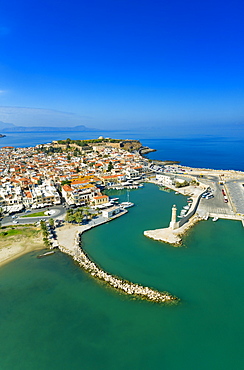 Aerial view by drone of Rethymno old town, Venetian Harbour and fortress, Crete Island, Greek Islands, Greece, Europe