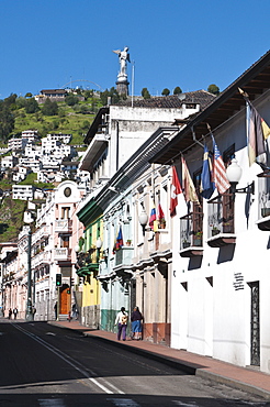 Historic Center with the Virgin of Quito Monument on hill, Quito, Ecuador, South America