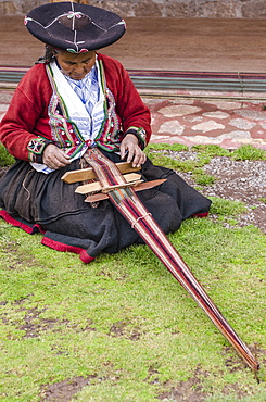 Inca woman using backstrap loom, Chinchero, Peru, South America