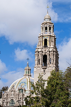 Dome of St. Francis Chapel and bell tower over the Museum of Man, Balboa Park, San Diego, California, United States of America, North America