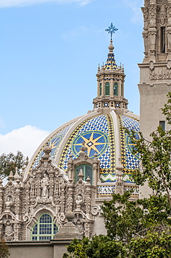 Dome of St. Francis Chapel and bell tower over the Museum of Man, Balboa Park, San Diego, California, United States of America, North America