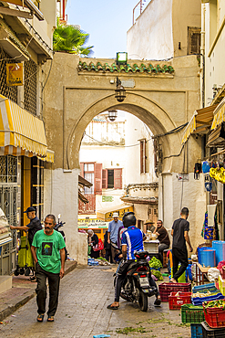 Shops along narrow cobblestone streets of Kasbah in Bab Al Fahs, old Medina, Tangier, Morocco, North Africa, Africa