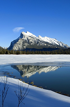 Reflection of Rocky Mountains in Vermilion Lakes in Banff National Park, UNESCO World Heritage Site, Alberta, Canada, North America