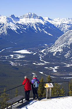 Two women and the Bow Valley from the top of Sulphur Mountain, Banff National Park, UNESCO World Heritage Site, Alberta, Canada, North America