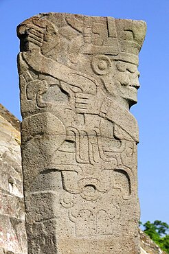 Mexico, Veracruz, Papantla, El Tajin archaeological site Stone carving at Monument 5.