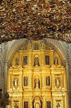 Mexico, Oaxaca, Church of Santo Domingo Ornately decorated interior with carved and gilded altarpiece.