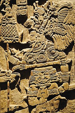 Mexico, Federal District, Mexico City, Museo Nacional de Antropologia Detail of lintel 43 de Yaxchilan relief carving from Chiapas depicting figure carrying ceremonial staff.