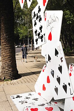 Mexico, Federal District, Mexico City, Bench designed as pack of falling cards on the Paseo de la Reforma Zona Rosa.