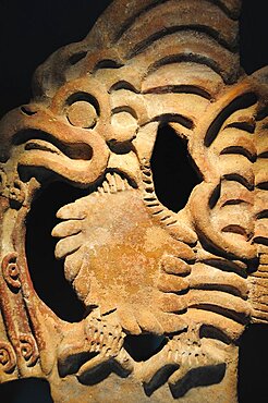 Mexico, Anahuac, Teotihuacan, Detail of architectural crenellation representing a bird on display in the site Museum.